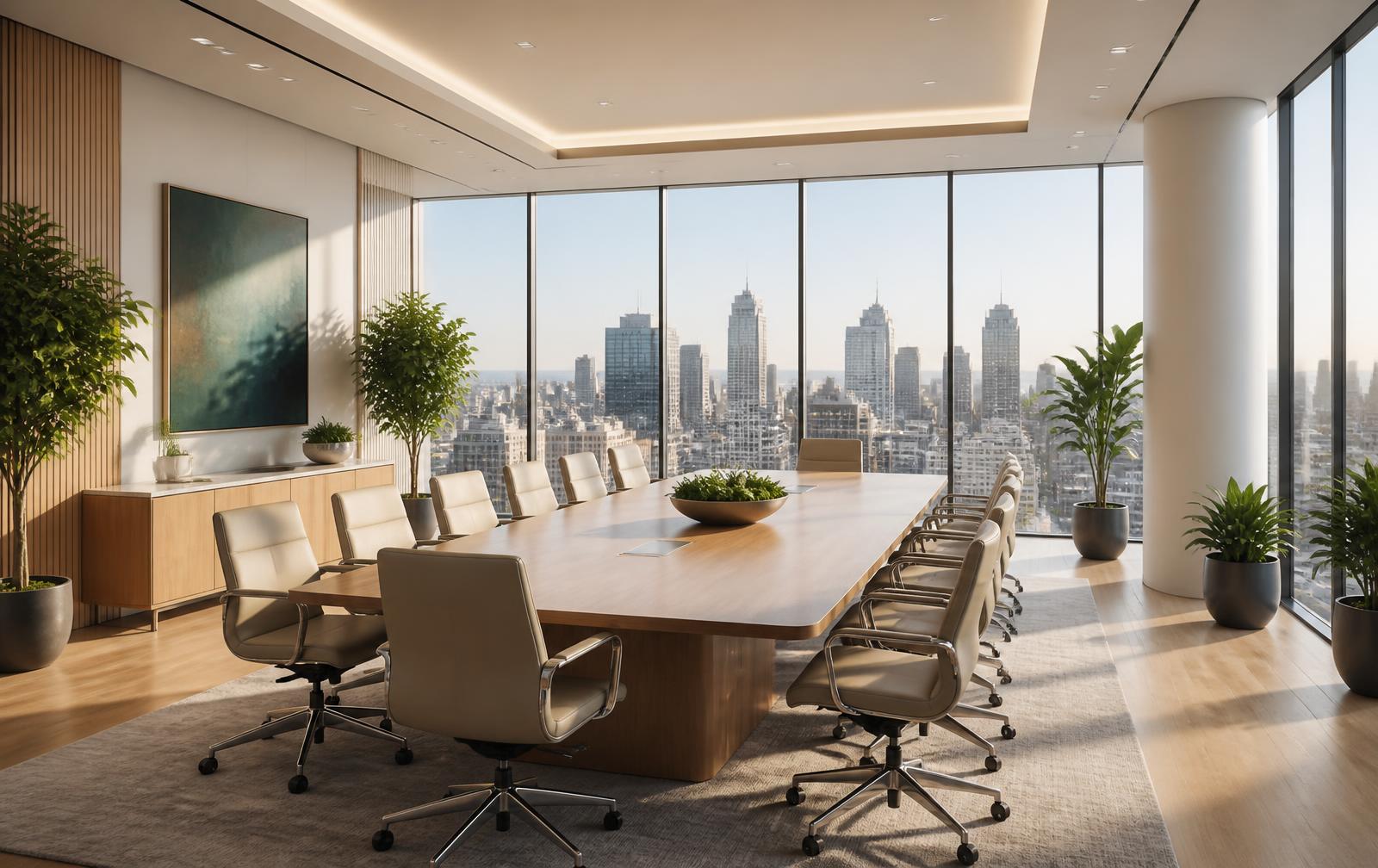 Executive boardroom overlooking a city skyline at dusk